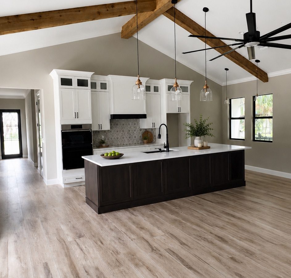 Custom Home Open Plan Kitchen Living Wood Beams