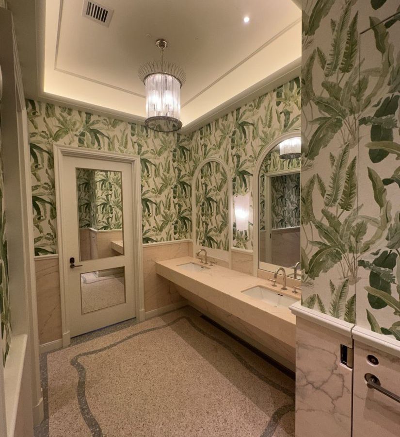 Vineta Hotel Guest Bathroom Palm Wallpaper Chandelier